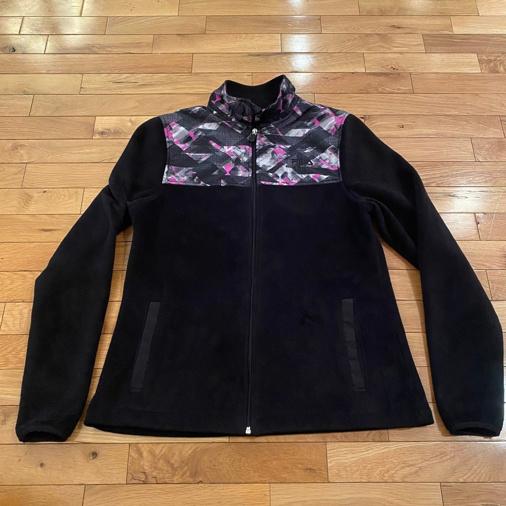 Fila Sport Womens Full‎ Zip Fleece Jacket Black Pink Geometric Mock Neck Small